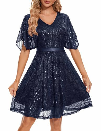 WedTrend Pailletten Kleid Damen Cocktailkleid Damen Knielang Sexy Sommerkleid WTS6003 Navy M