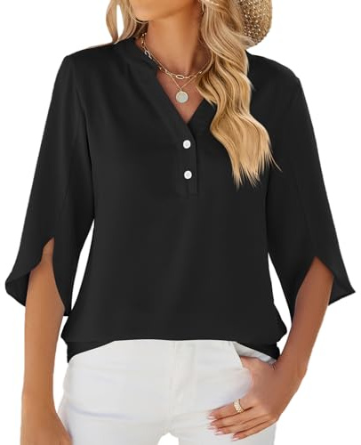 LEKOPUR Camicetta da donna con maniche a 3/4, in chiffon, in mussola, tinta unita, primavera, autunno, camicetta, Nero , L