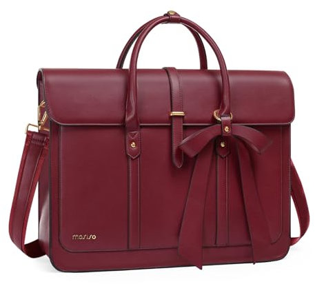 MOSISO Laptop Bag for Women, 15-15.6 inch PU Leather Laptop Shoulder Bag Convertible Backpack, 16 inch Messenger Bag Casual Handbag Work Briefcase Travel Computer Bag with Bowknot, Wine Red