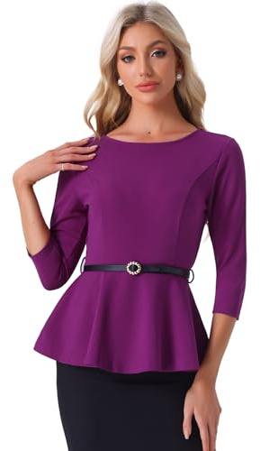 Allegra K Damen 3/4-Ärmel Rundhalsausschnitt Gürtel Elegant Arbeit Schößchen Top Bluse Lila M