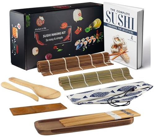 Kit per la preparazione del sushi, 12 pezzi, tappetino in bambù, set da portata, 2 tappetini, 5 paia di bacchette con sacchetto, pagaia, spalmatore, piatto, piatto per salsa con eBook