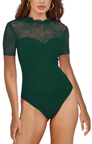 SEBOWEL Spetsbody för kvinnor, sexig, långärmad, nätbodysuit, spets, v-ringad, elegant, transparent topp, A-grön, S