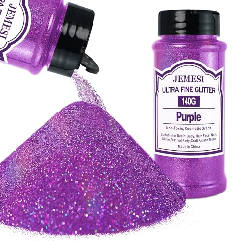 JEMESI Lila glitterpulver, 140 g – 0,2 mm ultratunt glitterpulver glitter för epoxiharts, gör-det-själv-pyssel, tumbler målning ljus tillverkning; kosmetiskt glitter, nagelpulver, body glitter hår
