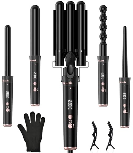 Brenth 5 in 1 Beach Waver Hair Curler,Curling Wand Set with 3 Barrel,Ceramic Curling Iron (9-32mm) with LCD Temperature Adjustment,PTC Fast Heating,Hair Waver with Glove & 2 Clips for Long Short Hair