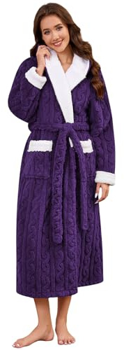 UMIPUBO Donna Accappatoio Lunga Vestaglia Invernale Morbido Pile Accappatoio con Cappuccio Calda Vestaglia da Camera Accappatoi con Cintura e 2 Tasche Loungewear per Piscina Casa Bagno (Viola, L)