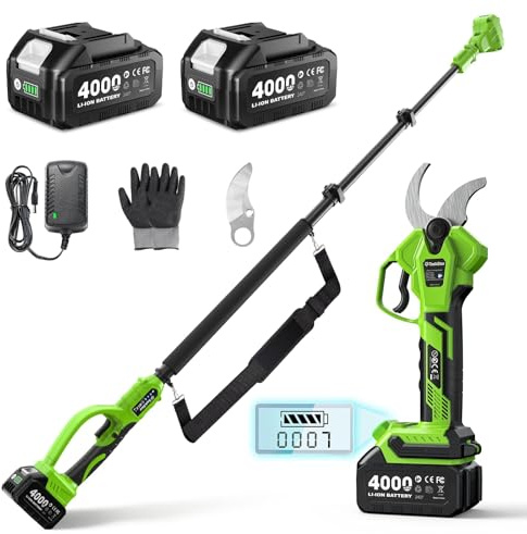 TaskStar Sécateur Électrique Avec Perchel 2-en-1: Coupe 40mm Sécateur Électrique Télescopique, portée maximale jusqu'à 4,5m, 2 Batteries 4,0Ah, Lame SK5 de Rechange, 4 Modes pour Fleurs et Arbres