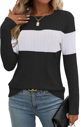 Gemulate Ladies' Jumpers Cozy Round Neck Color Block Long Sleeve Ribbed Knit Pullover for Fall Errands Black White M