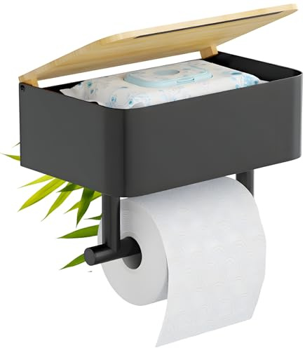 Hovea - Porte Papier Toilette Mural 2-en-1 - avec ou sans Perçage - avec Rangement & Support Téléphone - en Métal – Distributeur Rouleau PQ Décoration - Noir & Bambou - PPT121