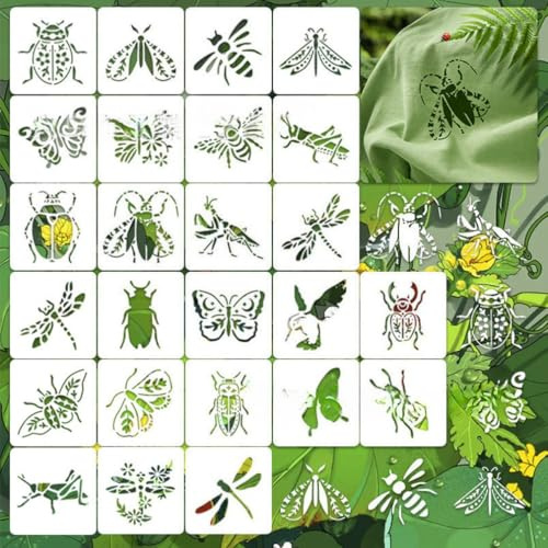 Baychendoo 25-Pack Insect Theme Reusable Stencils, 3.11x3.11 Inch Painting Templates for Baking, Wood, Wall Art, Fabric & DIY Crafts - Butterfly, Bee, Dragonfly, Ant, Grasshopper