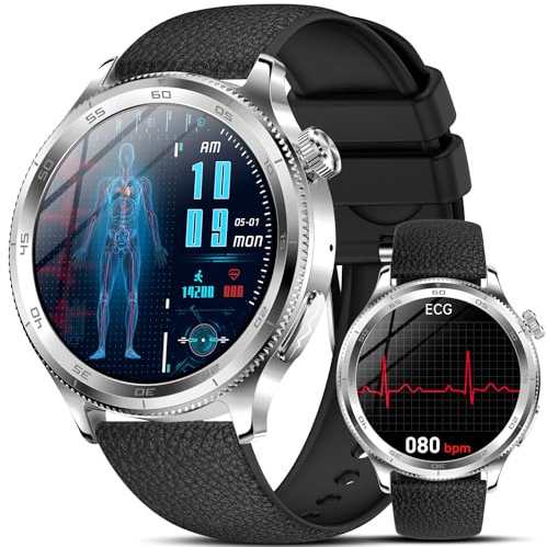 2026 Neu Smartwatch Herren mit EKG/ΒΙυτｚυcker/Harnsäure/BMI 1,43AMOLED Rund Gesundheitsuhr Fitness mit 24h Herzfrequenz Blutdruck SPO2,Schlaf/Apnoe-Monitor Bluetooth-Anrufe SOS-Notruf für iOS Android