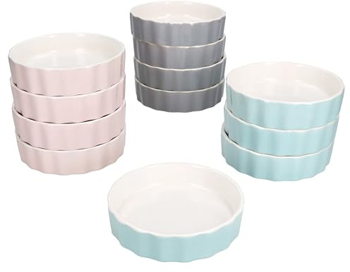 MamboCat Emilia Lot de 12 coupelles Ø 11,5 cm I 140 ml I Porcelaine I Rose, menthe et gris I Mini plat de cuisson rond I Pour crème brûlée, soufflé, cupcakes, tiramisu, etc.
