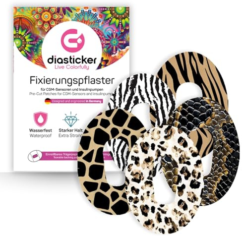 Diasticker | Cerotto per sensore Dexcom G6 (5 pezzi, MIX SAFARI) | Impermeabile – Delicato sulla pelle – Traspirante – Forte tenuta | Cerotto di fissaggio autoadesivo, fissaggio con sensore