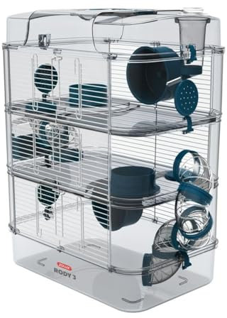 Habitat-Käfig für Hamster, Modell RODY 3 Trio Farbe Blau komplett mit Zubehör, Maße: 40 x 26 x 53 cm, mit Schläuchen und Spielzeugen