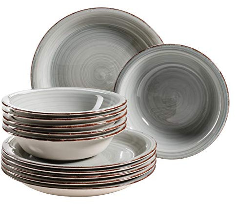 MÄSER Teller-Set für 6 Personen im modernen Vintage Look, 12-teiliges Tafelservice, handbemalt, Blau, Steingut, Rauchblau (Bel Tempo II)