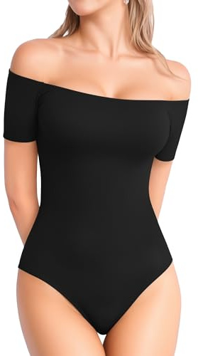 MANGOPOP Women's Off The Shoulder Short Sleeve Bodysuit Sexy Backless Body Suit Tops Black S