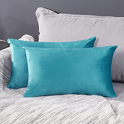 Deconovo Set of 2 Home Decorative Crushed Velvet Cushion Covers 30cm x 50cm 12x20 Inches Throw Pillow Cases Rectangle Cushion Covers for Bedroom with Invisible Zipper Turquoise