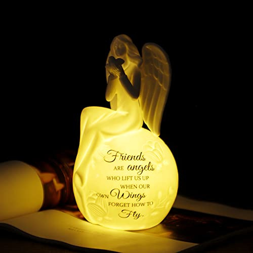 Friendship Angel Figurine Night Light – Ceramic LED Guardian Angel with Heartfelt Quote – Friends are Angels Gift for Birthday, Encouragement, Sympathy, or Christian Home Décor