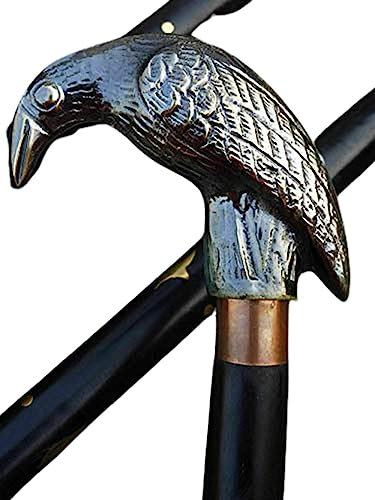 Bastone da passeggio in legno con manico a testa di corvo, in ottone massiccio