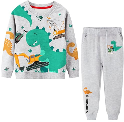 Baogaier barn sportkläder pojkar träningsoverall joggingdräkt sport set långärmad bomullströja kostym fritidsoverall sweatshirt och sweatbyxor sportdräkt barnkläder ålder 2–7 år, dinosaurier, 116-122