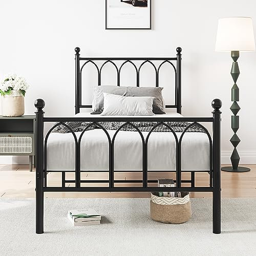 FOUBAM Bett 90x200,Bettrahmen Metallbett Bettgestell aus Metall mit Kopfteil,Bettrahmen Einzelbett Gästebett Jugendbett für Schlafzimmer Gästezimmer, Bed Gästebett für kleine Räume, Schwarz