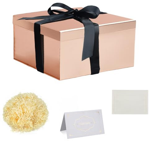 Rose Gold Gift Box with Lids 20x20x10cm Small Gift Box with Ribbon Shredded Tissue Paper Greeting Cards for Christmas Birthday Wedding Anniversary
