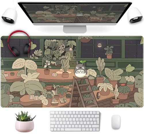 Niedliche braune Anime-Schreibtischmatte, Mauspad, Kawaii-Grün, tropische Blätter, Schreibtischunterlage XXL, große Laptop-, Computer-Tastatur und Maus, Gaming-Matte, Heimbüro,