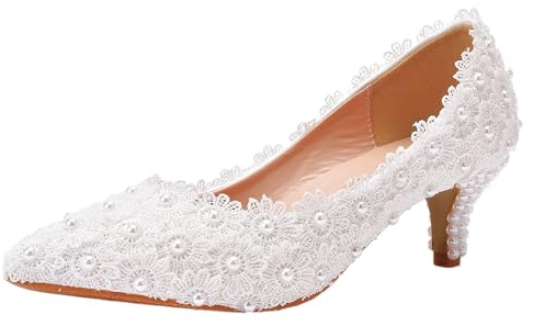 Jamron Mujer Elegante 5CM Tacones Altos Zapato de Punta Encaje Floral Perlas Zapatos de Novia Pumps Blanco SN0703213 EU38.5