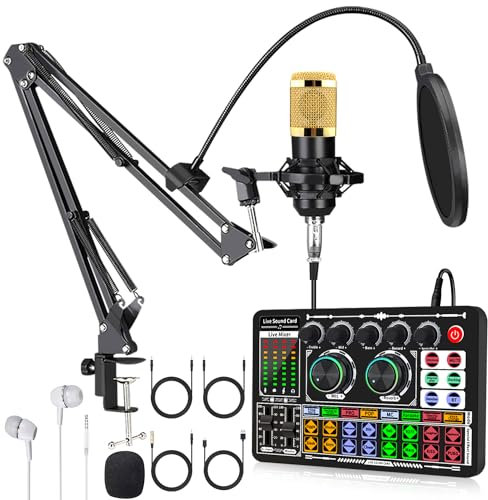 F999 - Paquete de equipo de podcast, estudio de grabación de micrófono condensador BM800, kit de inicio de micrófono de podcast de transmisión con cambiador de voz, interfaz de audio de tarjeta de