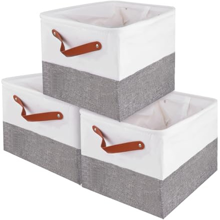 ASelected 3 Pack Large Hamper Baskets for Shelves with Leather Handle, Off-white Canvas Storage Baskets,17 inch Foldable Bedroom Storage Baskets for Organizing Home,Toys,Office,Clothes,Grey