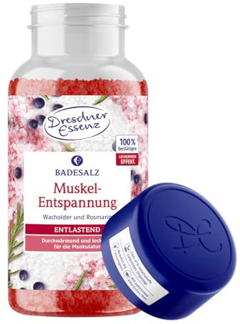 Dresdner Essenz Badesalz Muskel-Entspannung 600g | durchwärmt und lockert die Muskulatur | Badekristalle mit ätherischen Ölen aus Wacholder, Rosmarin und Minze