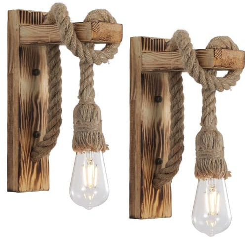 SEEBLEN Farmhouse Wood Wall Sconce Set of Two, Rustic Hemp Rope Wall Lamp Creative Pulley Wall Light.Antique Wooden Wall Lamp for Bedroom Stairs Hallway Living Room Entryway.