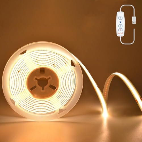Kimuwote Striscia LED COB da 3 metri, USB 5 V, luce bianca calda, 3000 K, USB, dimmerabile, 960 LED, flessibile, per camera da letto, casa, armadio, illuminazione fai da te