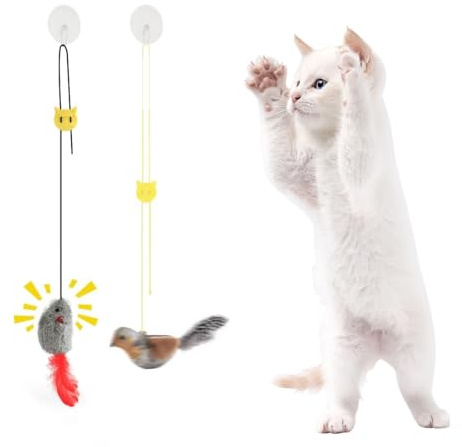 KQOZG 2 pezzi giochi per gatti interattivi, giocattolo auto-intrattenimento con uccello volante e topo realistico con suoni, senza batterie, coda piumata