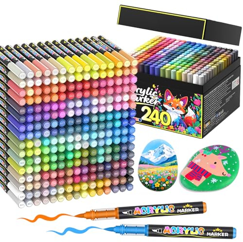 Lyuvie 240 Colours Acrylic Paint Pens Markers Set,Permanent Water-BasedAcrylic Paint Brush Markers for Rock Painting Fabric Stone Wood Glass Paper Plastic Craft Supplies