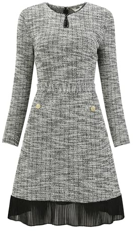 Hobemty Women's Tweed Dress Long Sleeve Tie Waist Pleated Hem Wedding Cocktail A Line Dresses X-Large Black