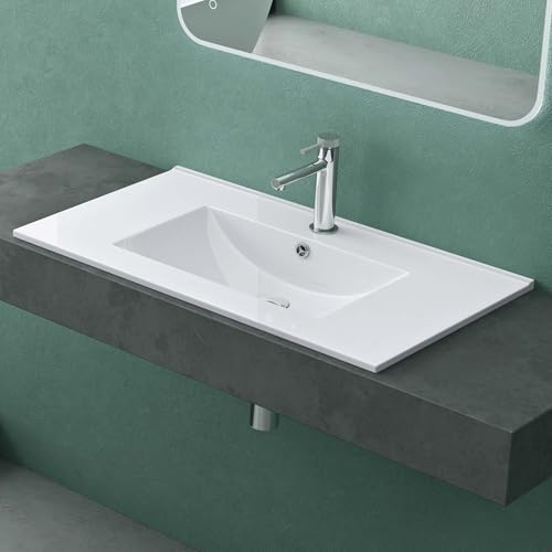 Mai & Mai Lavabo Encastré en Céramique 80cm Blanc Lave Mains Rectangulaire avec Perçage de Robinet et Trop-Plein 81x47x18cm BR911