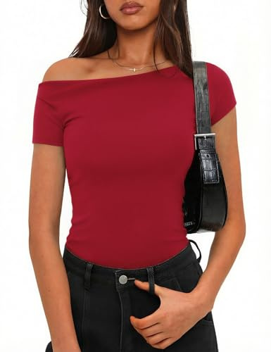 Totatuit camiseta de mujer de algodón ajustada manga corta hombros descubiertos top sexy y tendencia estilo Y2K cómoda para el verano Rojo，M
