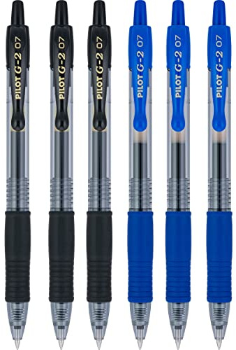 Pilot G2 - Paquete de bolígrafos de gel retráctiles con punta fina en forma de bola de 0,7 mm (6 unidades, colores azul y negro)