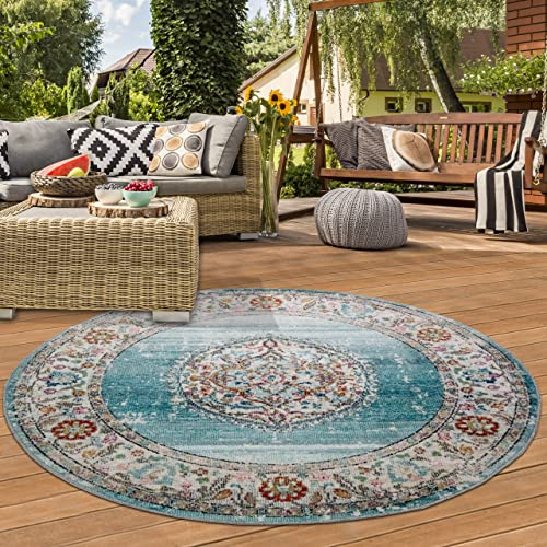 Teppich-Traum Rund orientalisk vintage-sovrumsmatta för inomhus och utomhus, för balkongen, med färgglada turkosa blommotiv, rund, 200 cm