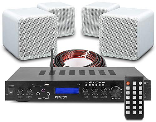 Fenton B405A 4.0 Home Cinema Theatre Surround Sound System with Bluetooth Amplifier, FM Radio, MP3 USB SD Playback & Compact 80W Mini Box Speakers - White