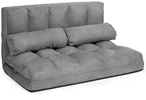 RELAX4LIFE Divano 2 Posti Trasformabile in Letto con 2 Cuscini da Pavimento, Design Pieghevole e Salvaspazio e Schienale Regolabile in 6 Livelli (Grigio)
