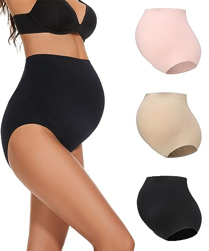 KUNINDOME Seamless Maternity Underwear over Bump, 3 Pack, Black + Nude + Pink, Large