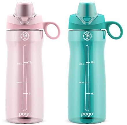 Pogo 18oz Plastic Water Bottle with Chug Lid and Carry Handle, BPA Free, Dishwasher Safe,Perfect for Travel, School, Outdoors, and Gym, 2 Pack, Aquaviva/Pink Satin