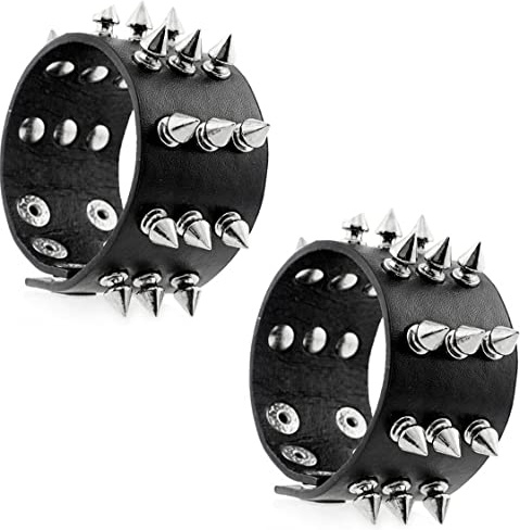 FIRAZIO 2 Pieces Punk Studded Bracelet Black Leather Rivet Bracelet Cuff Wrap Bangle for Women Men Snap Button Goth Rock Wristband Bracelet Unisex for Halloween Party Favors Accessories