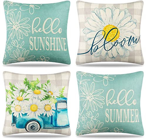 HomeStilez Fundas Cojines 45x45 Modernas para Sala de Estar, Sofá y Cama - Fundas de Lino Cuadradas de Margaritas para Verano y Primavera - Juego de 4 para Decoración de Jardin, Banco y Hogar