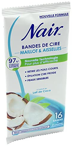 NAIR - 16 Bandes De Cire Froide pour Épilation Bikini à la Noix de Coco - Épilation Corporelle Rapide et Facile à Domicile - Lot De 3 - Vendu Par Lot