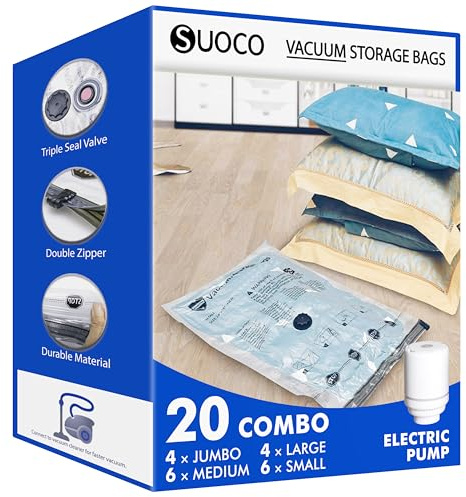 Vacuum Storage Bags with Electric Pump, Compression Packing Bags for Travel Luggage, Space Saver for Clothing Clothes Bedding Blankets Pillows, 20 Combo