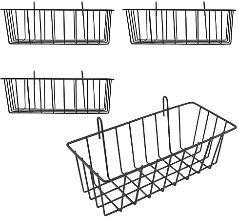 NAMYEUT 4 cestini a griglia con ganci, scaffali per metallo da parete in filo metallico, cestino da parete in filo per scaffali, design a griglia, 23 x 10 x 7,5 cm, colore nero