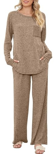 SotRong Ladies Fluzzy Ribbed Lounge Wear Sets Two Piece Casual Outfit Cozy Pajamas Set Womens Autumn Fashion Leisure Suits Crewneck T Shirts Hight Waist Pajamas Bottoms with Pocket Khaki XL