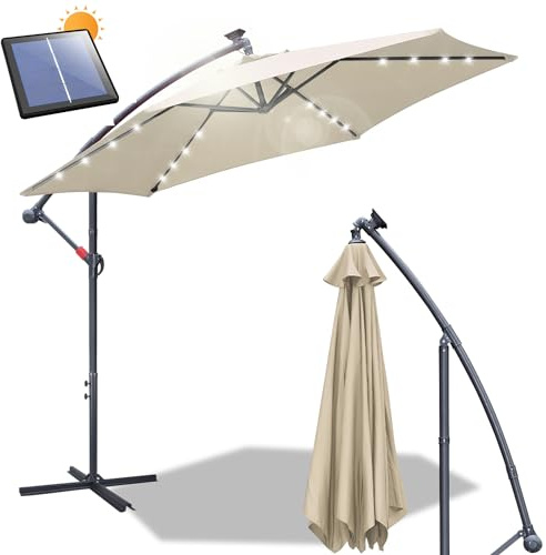 Daromigo Ombrellone 300/350 cm con manovella, ombrellone con supporto, parasole da giardino, protezione UV in alluminio, per il mercato, impermeabile, per il giardino, Beige con LED solare, Ø 300 cm